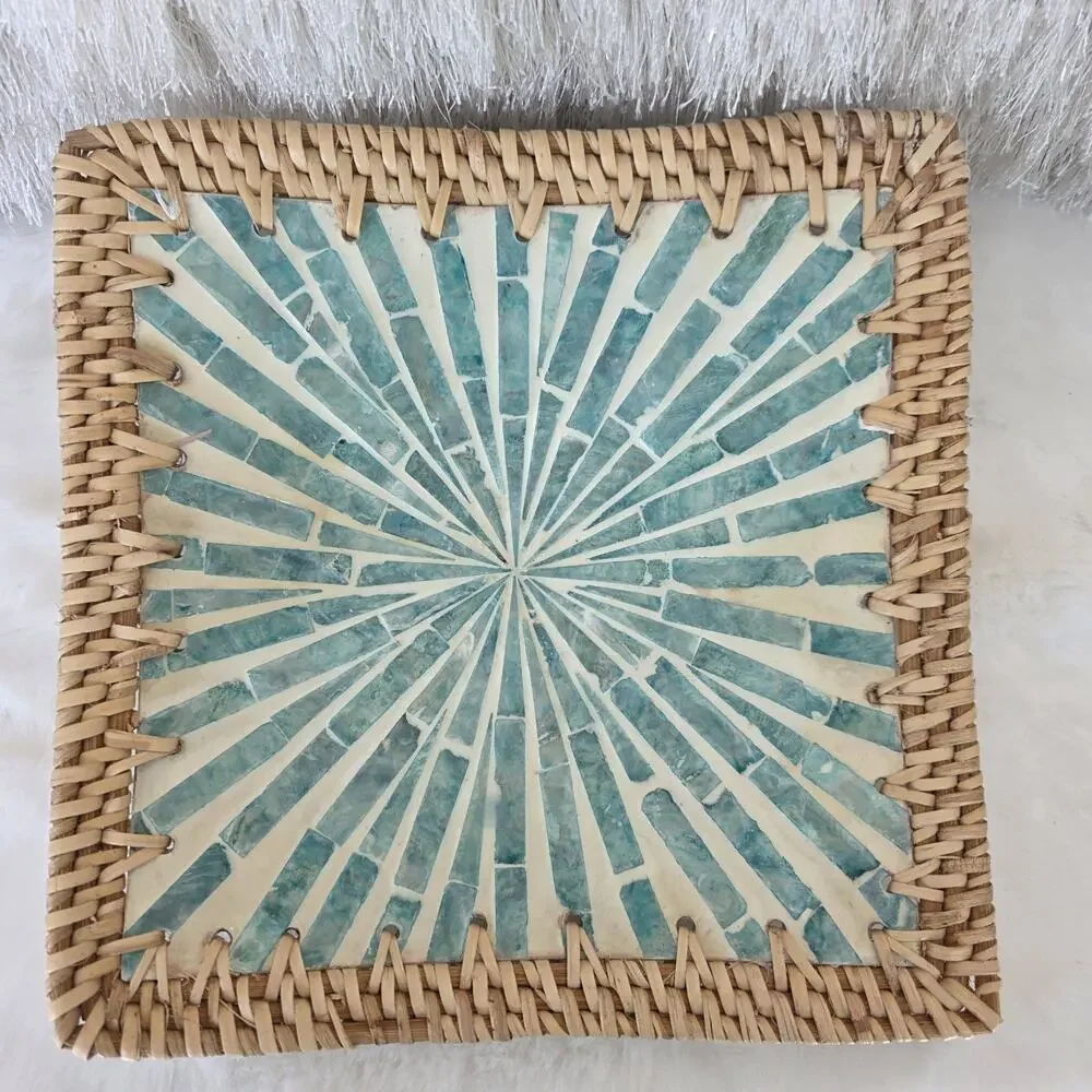 Rattan Serving Tray Set of 3 Mother of Pearl Mosaic Decorative Home Decor